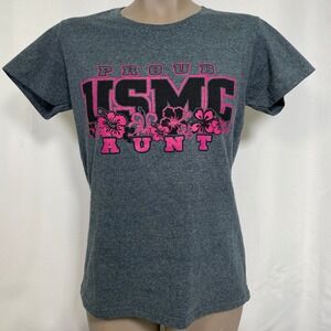 Proud USMC Aunt Pink Hibiscus US Marine Corps Gray T-Shirt Women's MEDIUM NWT
